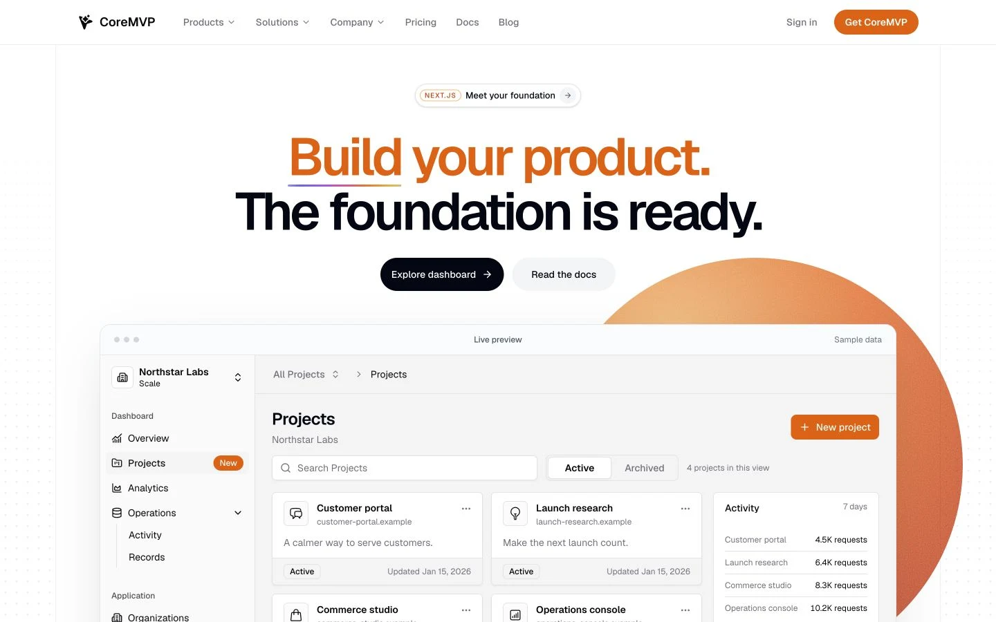 Landing page with the interactive Projects preview inside the application shell
