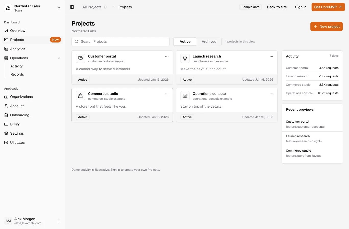 Projects inside Northstar Labs with Organization selection, search, Active and Archived views, and sample project cards