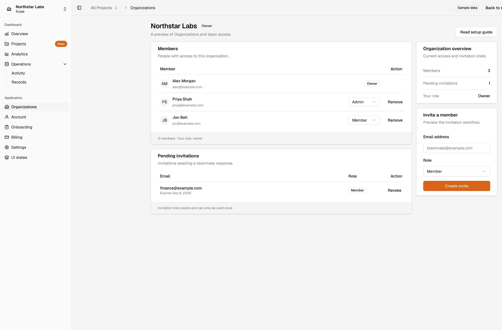 Current CoreMVP for Next.js Organizations view showing members, roles, pending invitations, and invitation controls